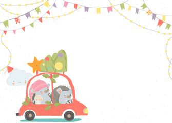 Cartoon Funny Hedgehogs driving a Red Car with Christmas Tree. Vector Illustration