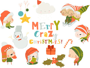 Set of Cute Playful Christmas Elves. Collection of Cute Santa Claus Helpers. Happy New Year, Merry Xmas Design Element. Vector Illustration