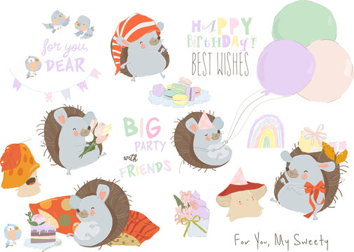 Cartoon Vector Autumn Birthday Set with Cute Hedgehogs, Sweets and Gifts