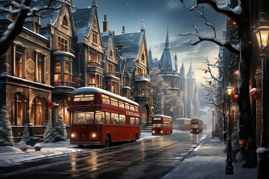 red buses moving on snowy winter street. holiday season illustration