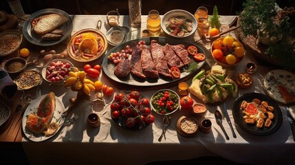 table full with vegetables, meat, snacks and fruits.