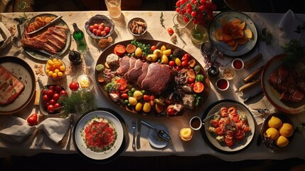 table full with vegetables, meat, snacks, souses  and fruits.