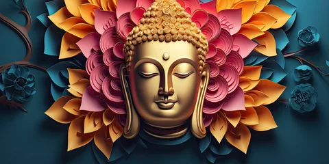 Zelfklevend Fotobehang Paper cut style, the glowing 3d buddha and flower with gold style on abstract background © Kien