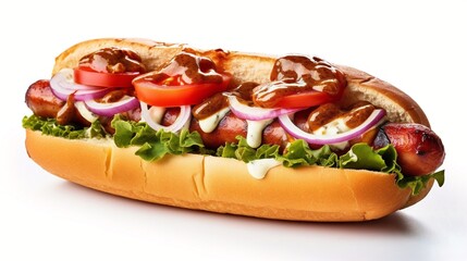 Amazing delicious hotdog with salad and ketchup isolated on white.