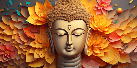 Paper cut style, the glowing 3d buddha and flower with gold style on abstract background - obrazy, fototapety, plakaty