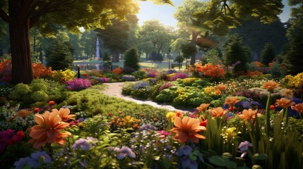Birds chirping in the distance as the sun reveals the vibrant colors of a flower garden set beside a fresh morning lawn.