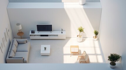 Birds-eye view of a minimalist living space, focusing on the wall-mounted LCD against a stark white wall, a subtle shadow beneath.