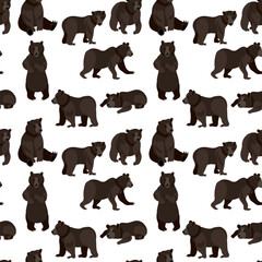 vector drawing seamless pattern with bears, hand drawn animals at white background , cartoon style characters