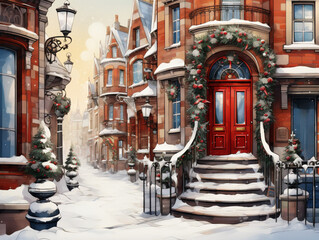 Fototapeta na wymiar Painting of Christmas and White Winter Day