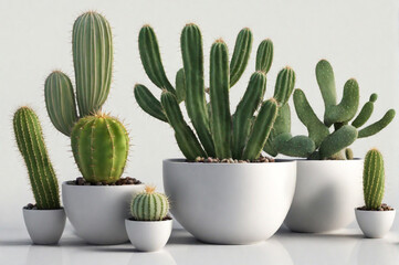 Mixed cacti and succulents in pots. White background. Generative AI