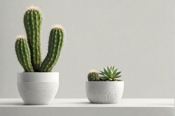 Mixed cacti and succulents in pots, space for text. White background. Generative AI