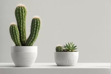 Foto op Plexiglas Cactus in pot Mixed cacti and succulents in pots, space for text. White background. Generative AI