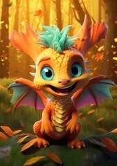 A beautiful cute magic dragon with big kind eyes sits against the backdrop of a fairy forest. A wonderful and sweet character.