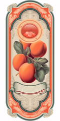 Label with whole peaches and green leaves. Ripe peach confections. Sweet food. Free space for text. generative Ai