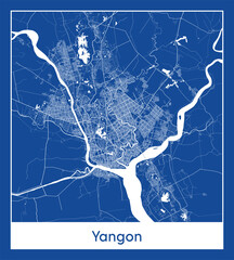 Yangon Myanmar Asia City map blue print vector illustration