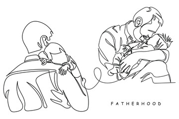 parenthood concept. Infant protection day line art.Father holding adorable little baby with great care.Man loving his girl child.Father's day. Father and son bond.Father and daughter love. Line art