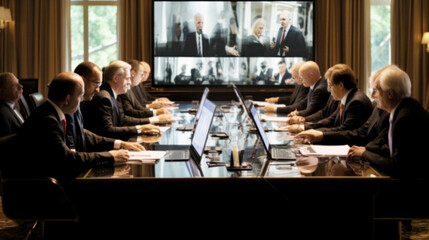 Secretive Meeting of leaders,Team of Government Agents Politicians, Diverse business people, Military top Corporate Executives, Multi ethnic, Trying to Come Agreement, Blurred image - obrazy, fototapety, plakaty