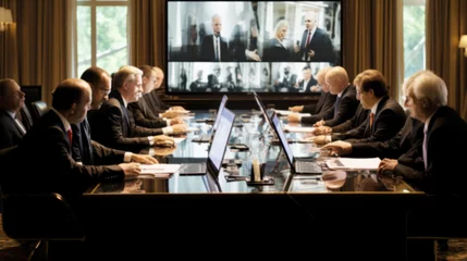 Foto op Plexiglas Secretive Meeting of leaders,Team of Government Agents Politicians, Diverse business people, Military top Corporate Executives, Multi ethnic, Trying to Come Agreement, Blurred image © chiew