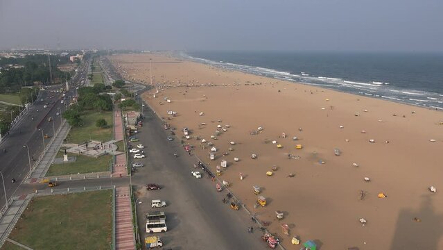 Overview of Marina Beach, the longest natural urban beach in the world, in Chennai, India
