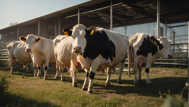 Dairy production on an innovative farm. Big business producing cow's milk. A large herd of well-groomed cows grazes in a meadow. Robotic equipment milks cows collecting milk in industrial quantities