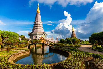 Beautiful landscape aerial view of Doi Inthanon in evening time with blue sky background buddhist stupa landmark tourism at Chiang Mai of north Thailand.