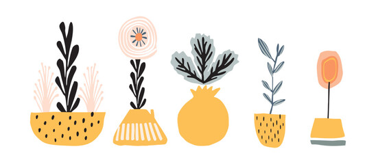 Midcentury modern potted floral houseplant vector graphic motif set. Organic summer gender neutral seventies matisse illustration collection in groovy playful style. 
