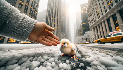 Kindness in the Cold: A Human-Chick Interaction in Snowy City
