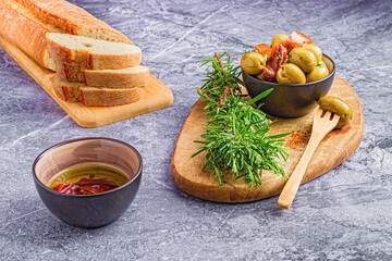 Rustic Still Life: Country Aperitif: Bread, Olives and Olive Oil