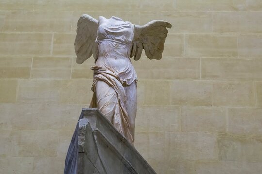 Winged Victory of Samothrace. Louvre museum, Paris, France. Marble sculpture from the Hellenistic period. 