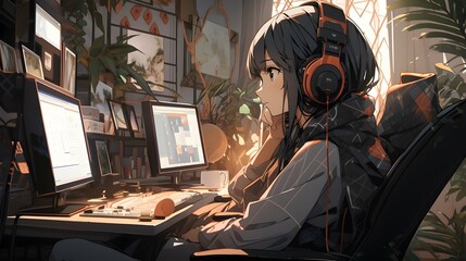 Cute chibi LOFI anime manga girl, valentines day hearts background