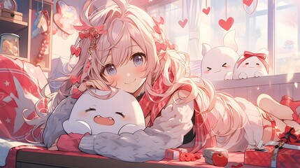Cute chibi LOFI anime manga girl, valentines day hearts background