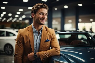 A young smiling happy man in a car dealership. Buying a car and driving concept.