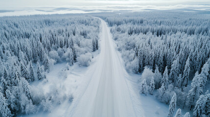 Aerial view of a winter roadway through a forest landscape