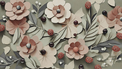 illustrazione sfondo con fiori e bacche autunnali realizzati con ritagli di carta