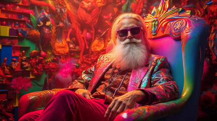 Fototapeta premium Santa gone clubbing, Santa sits on a comfy chair in a nightclub between gigs. Casually dressed in pink jacket, sunglasses, long grey hair and grey beard 