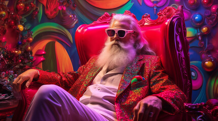 Festive old guy who looks like saint nick decked out in colorful clothes sits on a comfy chair in a surreal den between gigs. Casually dressed in pink jacket, sunglasses, long grey hair grey beard  - obrazy, fototapety, plakaty