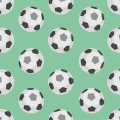 Seamless pattern with Football  balls in flat style on a green background. Illustration art for tournament illustration and sport apps. 