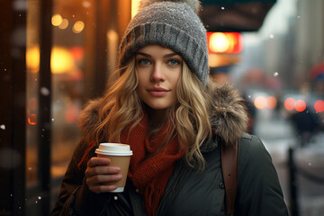 Woman wearing winter clothes and drinking coffee outdoors.