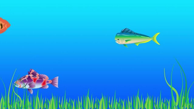 Animation of colorful floating fishes in deep sea with grass