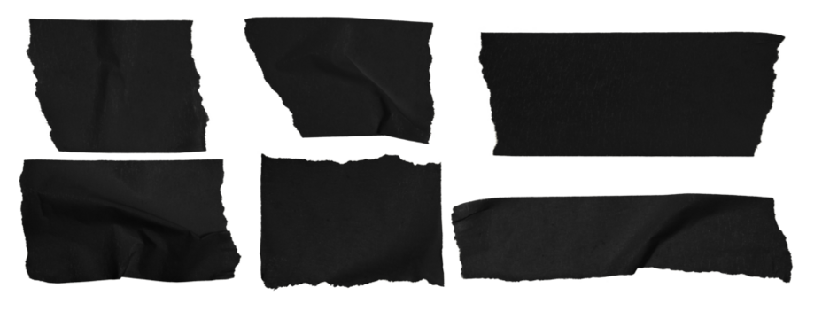 Set of pieces of black paper tape on a blank background.