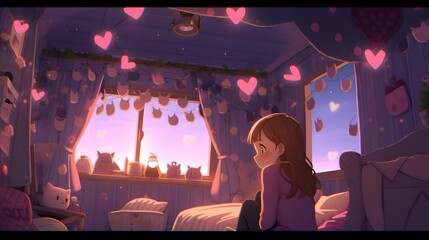 Cute chibi LOFI anime manga girl, valentines day hearts background