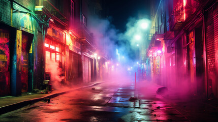  a vibrant and futuristic city, a neon-lit alley is filled with billowing, multicolored smoke - obrazy, fototapety, plakaty