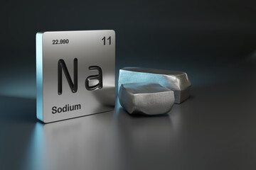 Sodium element symbol from the periodic table near metallic sodium with copy space. 3d illustration. - obrazy, fototapety, plakaty