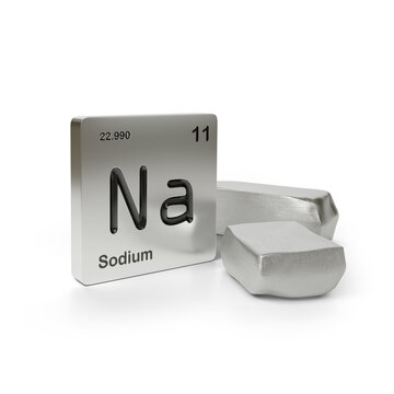 Sodium element symbol from the periodic table near metallic sodium isolated on white background. 3d illustration.