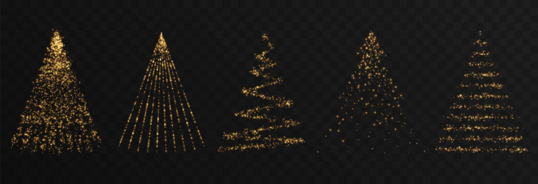 Vector glowing Christmas tree. Glowing dust in the shape of a Christmas tree png. Golden particles of light png. Magic dust.