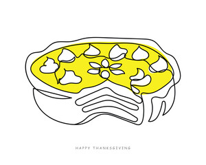 Continuous line art of Pumpkin pie. Thanksgiving postcard. Autumnal mood. Fall cuisine elements. Orange and yellow color of fall. Cinnamon and pumpkin line art vector. Traditional dish of thanksgiving