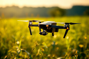 Flying drone above the farmland field. Using drone in agriculture.