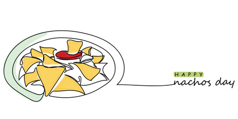 Nachos day celebration line art design. Food vintage style vector suitable for poster and postcards. Yellow and red. Foodie and food lovers concept. Traditional snacks. November. World food days