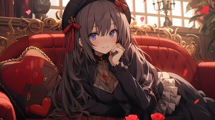 Cute chibi LOFI anime manga girl, valentines day hearts background