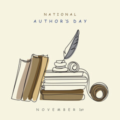 Authors day line art poster and banner design vector. Continuous line art of books with inkpot and typewriter vintage style. November celebration. Book lover. Writers editors and authors day. Postcard - obrazy, fototapety, plakaty